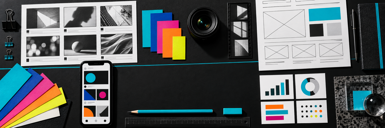 An overhead creative workspace with campaign planning, colour, content and production tools