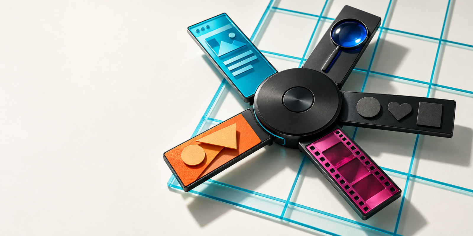 A colourful modular marketing multitool representing strategy, design, content and performance